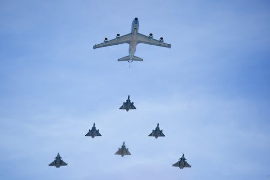 A formation of military jets flying under a clear blue sky, showcasing precision and aviation technology.